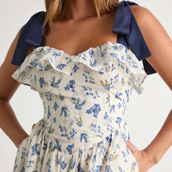 Lulus Candice Ivory Floral Ruffled Tie-Strap Midi Dress - Picture 3 of 7